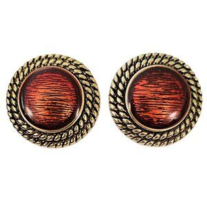 Gold Tone Vintage Round Rust Enamel Designer Style Clip Earrings Rope Twist J121